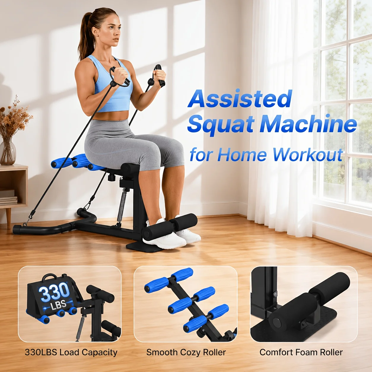 Assisted Squat Machine Adjustable Deep Squat Trainer With 3 Resistance Cords Extra Resistance Bands 330LBS Load Low Impact Home Gym Exercise Equipment For Glutes Legs Core Training