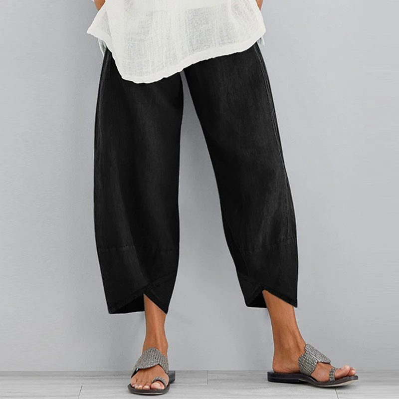 Women Harem Pants Vintage Cotton Linen Elastic Waist Wide Leg Trousers Female Casual Solid Pockets Loose Cropped Pants