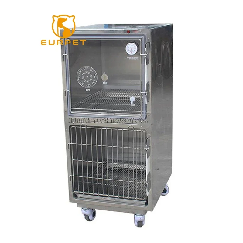 EUR PET Superior durable 2 doors oxygen cage with the contamination plate and brake wheel for veterinary