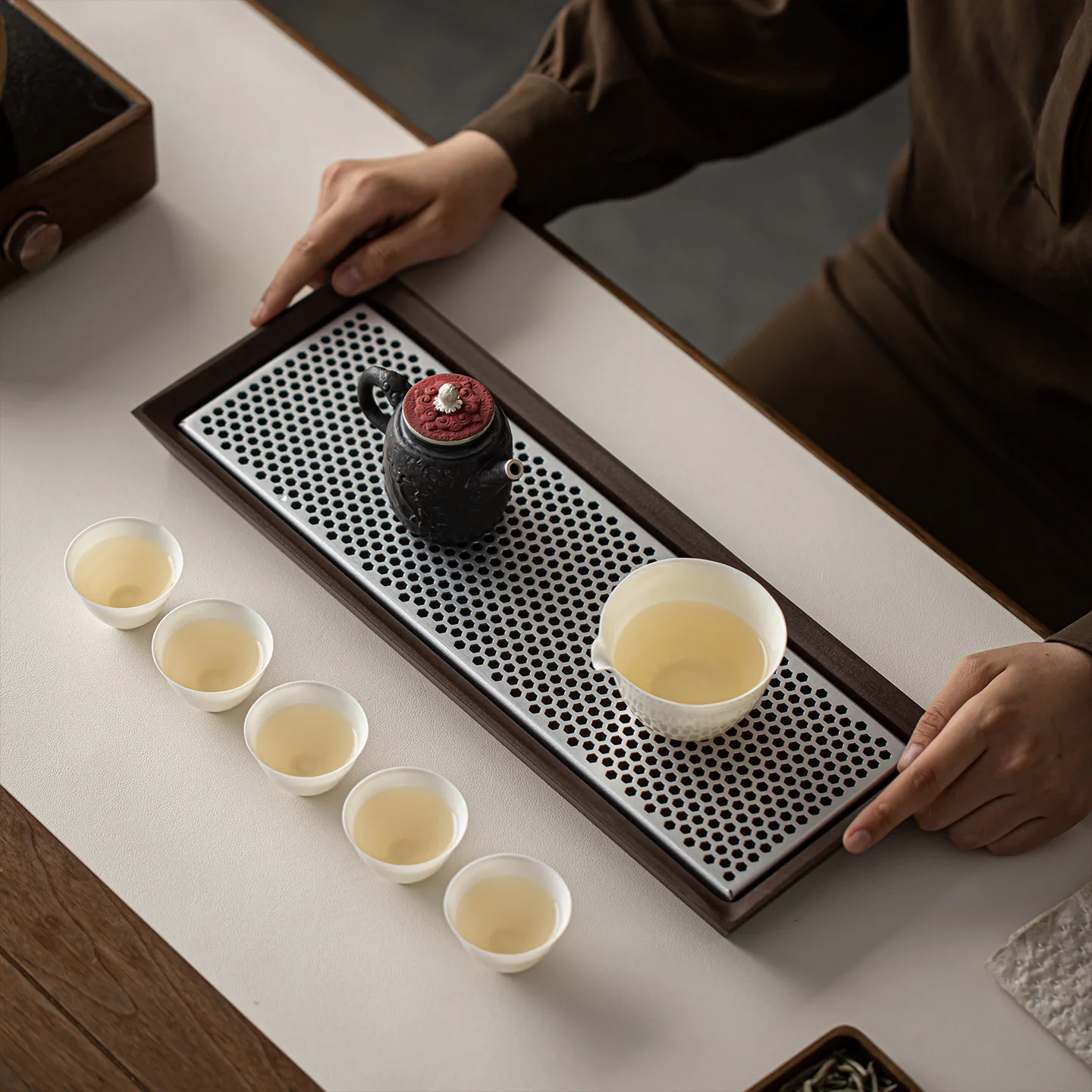 New Chinese walnut white aluminum tea tray rectangular small pot bearing household small dry bubble tray dry and wet dual-purpos