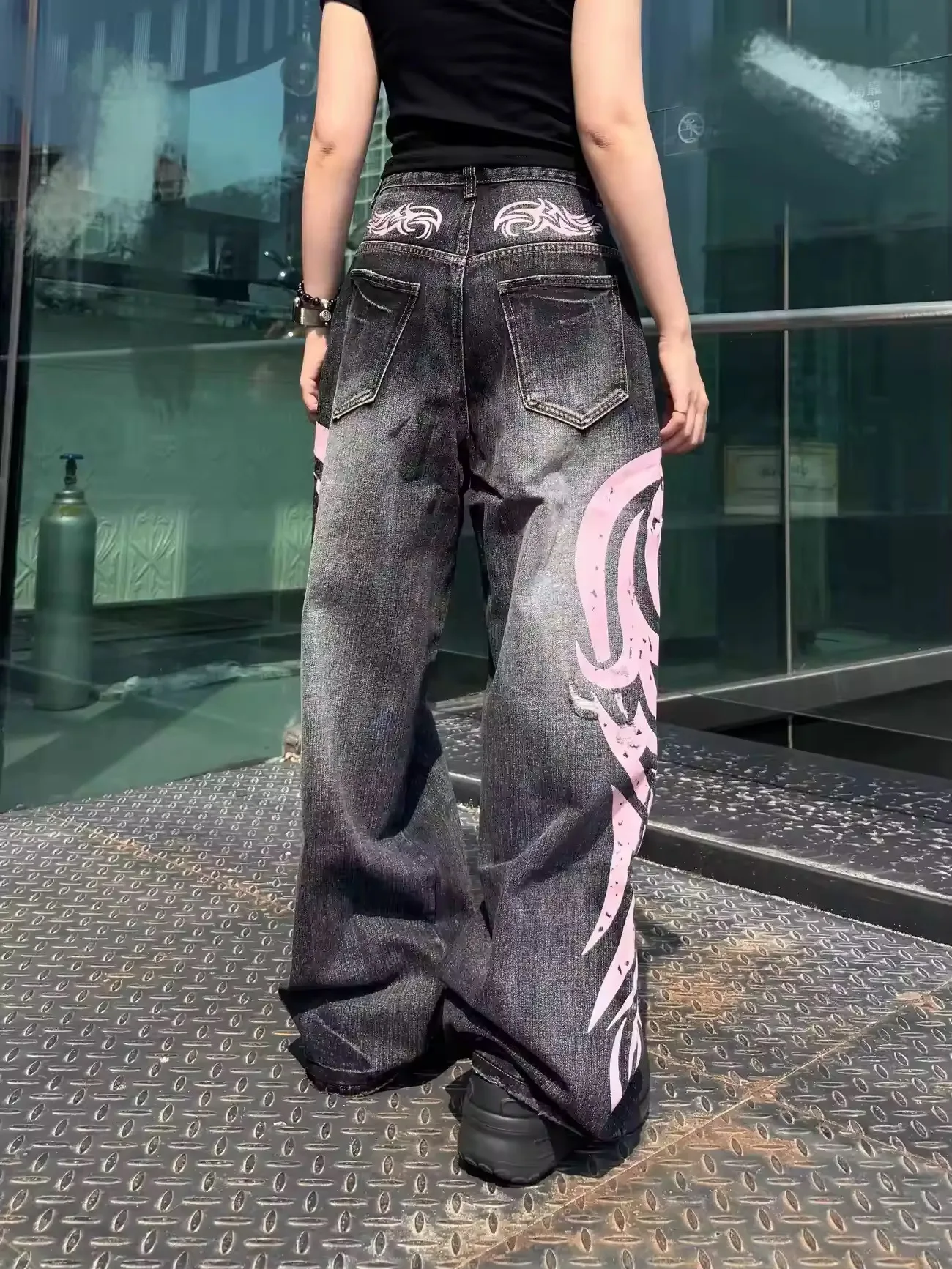 

women's retro washing jeans printed red pattern casual loose fashionable versatile hip-hop hot girl wide-leg pants men and women