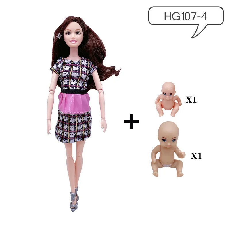 11.8\'\'/30cm Movable Joints Pregnant Dolls Mom With 2 Babies On Her Tommy Modern Dress Princess Doll Educational  Interactive Toy