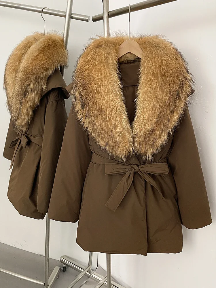 New Winter Women Thickened Warm Real Fur White Duck Down Coat Parke Outerwear Natural Fox Fur Collar Fluffy Puffer Jacket