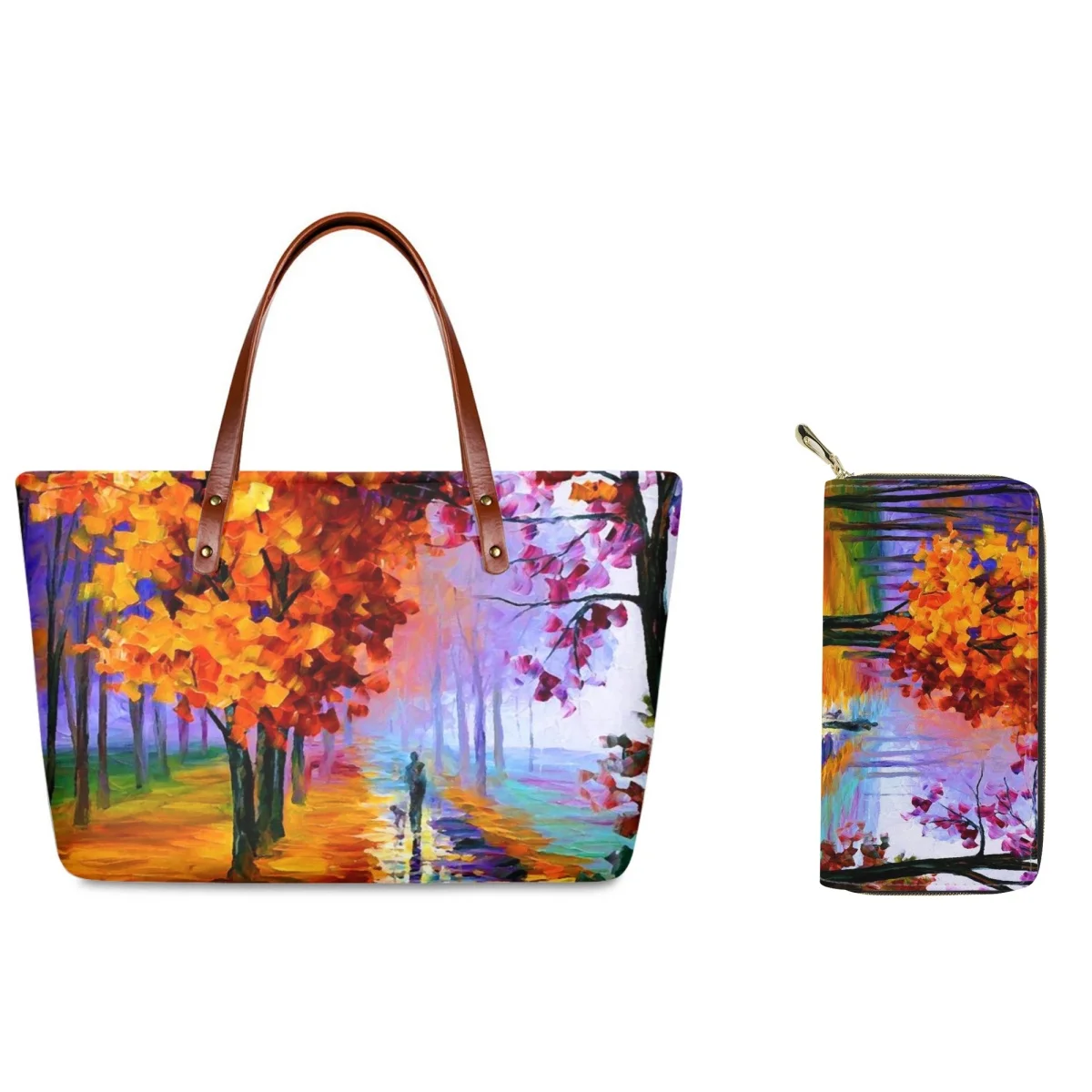 Colorful Maple Oil Painting Combination Handbag Plus Leather Wallet Universal Rustic Rustic Style Ladies Handbags Street Fashion