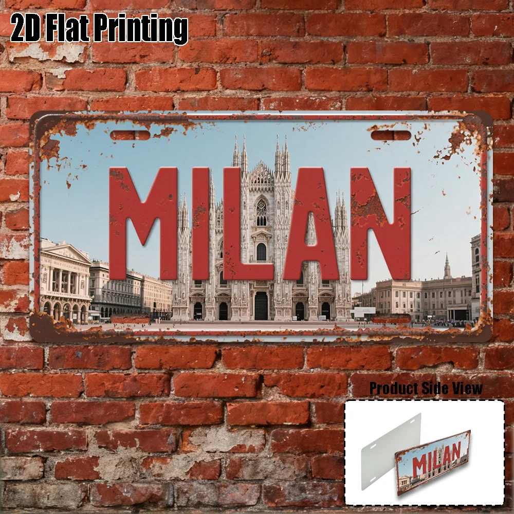 2D Flat - [Open ]2D Flat Decorative License Plate Cover And Frame, Featuring a Milan (Italy) Retro Design. This Large Metal Wall