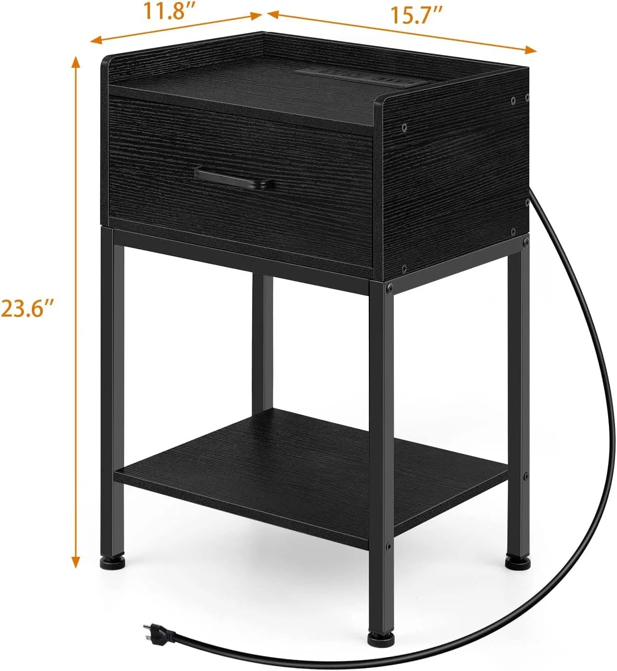 Bedside table with charging station, 2-story side table with drawers and storage rack, easy to assemble