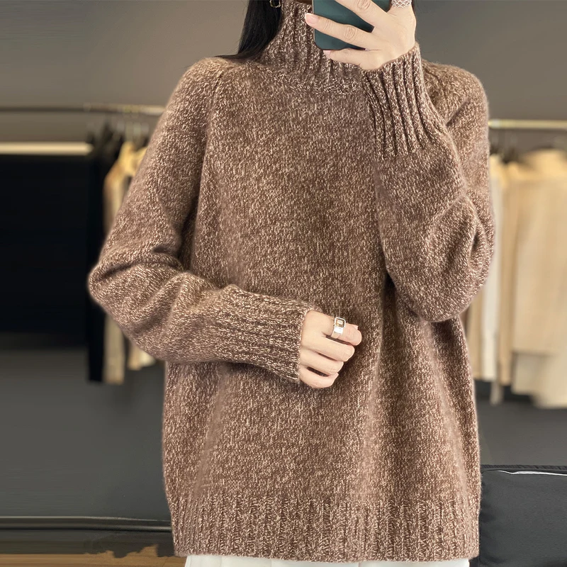 100% كنزة صوف خالص وهمية اثنين من القمصان النسائية الخريف والشتاء شبه عالية الرقبة محبوك قاع