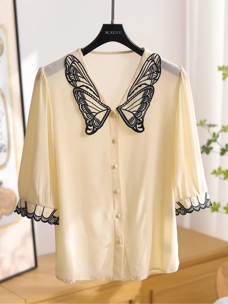 

Silk ortsved irt Embroidered Baby Collar Original Design Loose Fit Button Detail Summer Thin Fabric Chinese Origin
