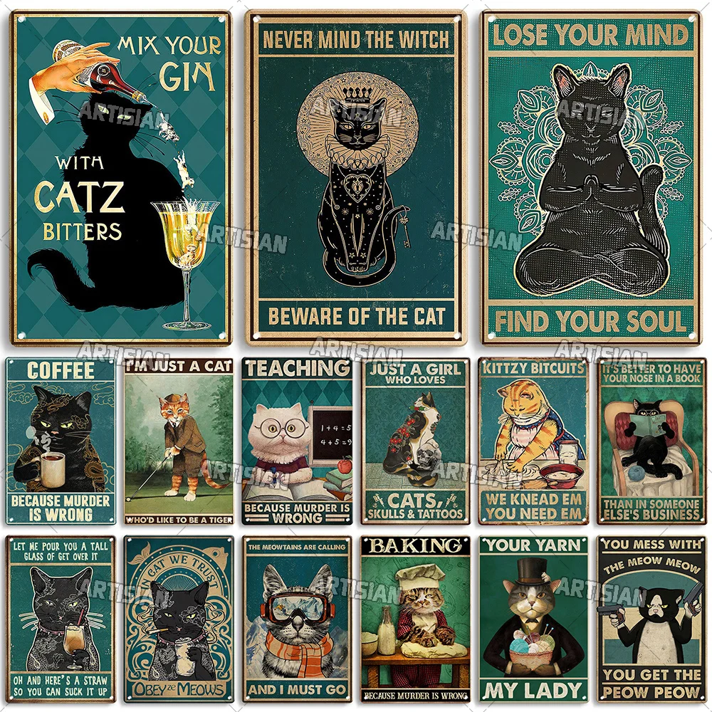 Artisian Black CAT Retro Metal Plaque Pet Vintage Decorative Tin Sign Wall Decor Garage Bar Pub Club Kitchen Home Man Cave