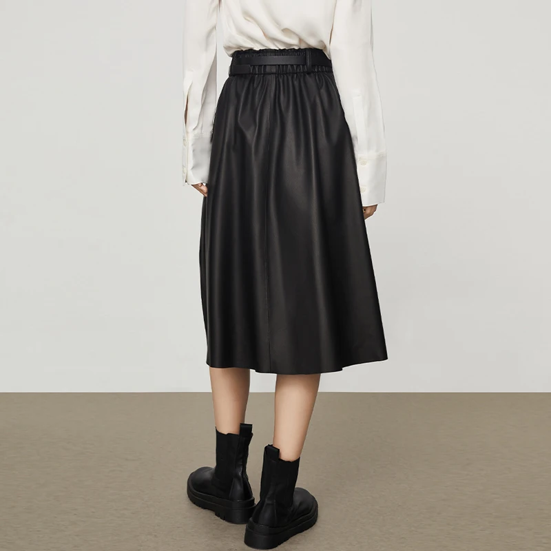 First Layer Sheepskin Womem's 100% Genuine Leather Mid Length Skirt 2024 Chic Ladies Elastic Waist Pocket A-line Skirt With Belt