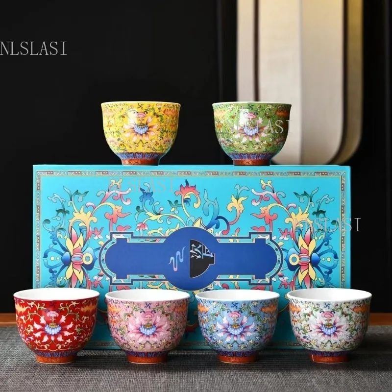 6pcs Enamel Color Floral Porcelain Tea Cup Set Underglaze Color Flower Pattern Ceramic Tasting Cups with Gift Box Kung Fu Teaset