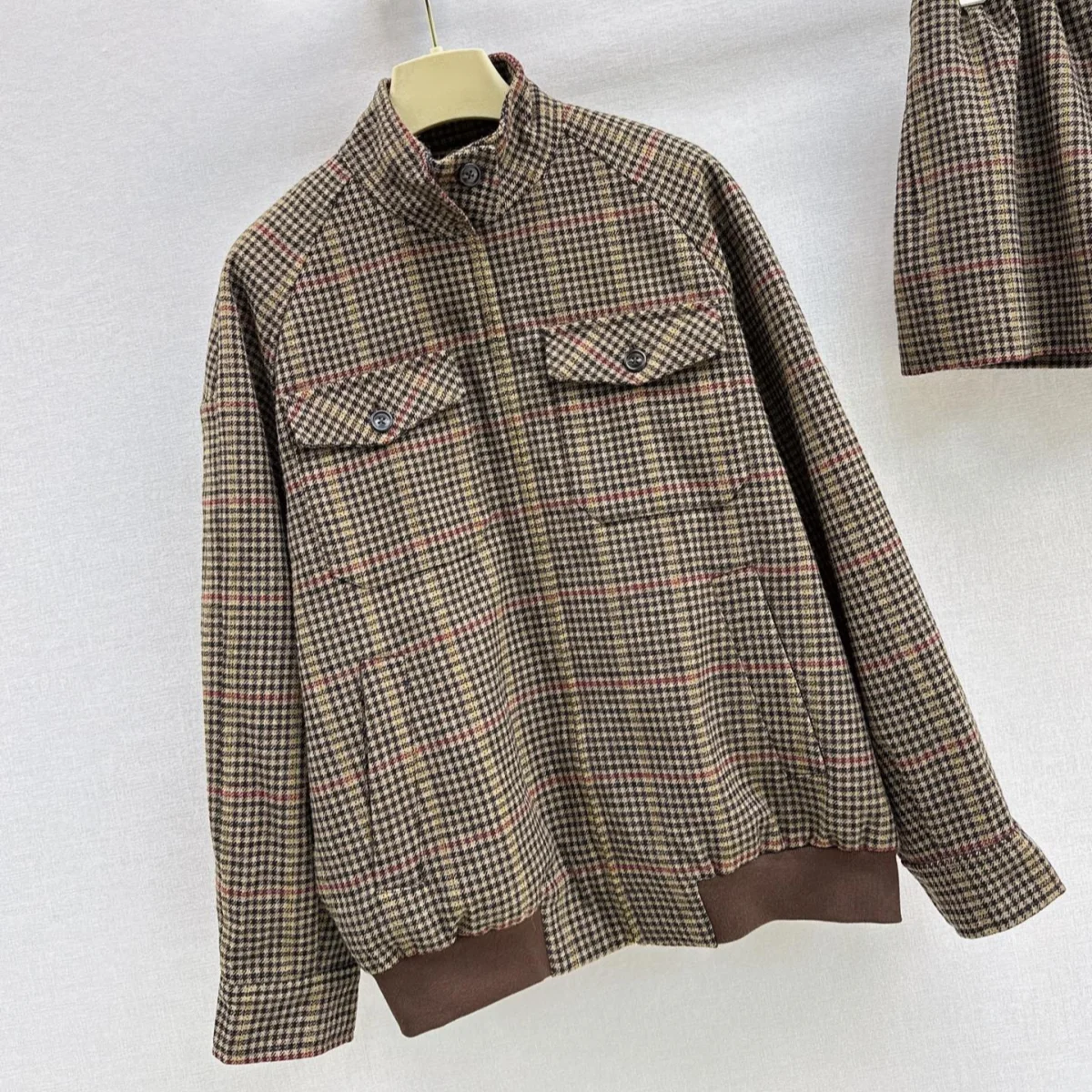 2026 High Quality New Women's Coffee Checkered Short Coat and Skirt Set--hb80.