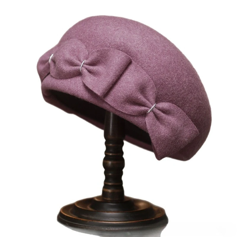 Herbst- und Winter-Baskenmütze aus reiner Wolle in Uni-Farben, elegante Schleife, Wollmütze im Retro-Stil, Kuppelform, Newsboy-Kappe für Damen – Detail 7