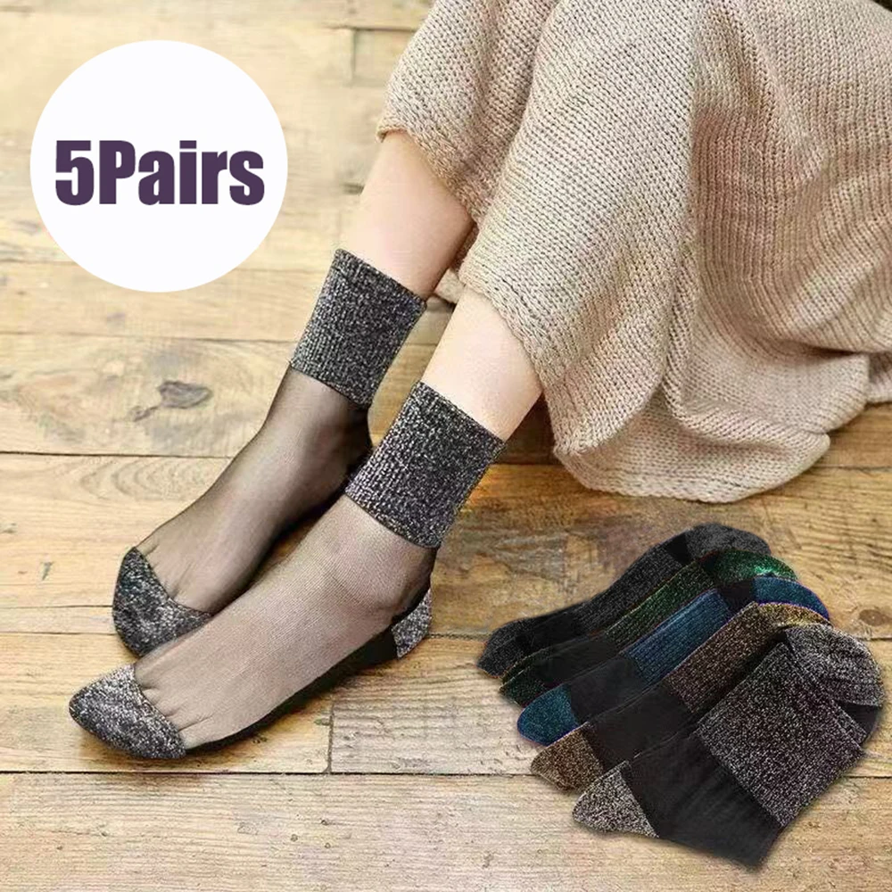 5 Pairs Spring Summer Women Ultrathin Transparent Socks Glitter Crystal Glass Silk Socks Soft Lace Shiny Elastic Short Socks