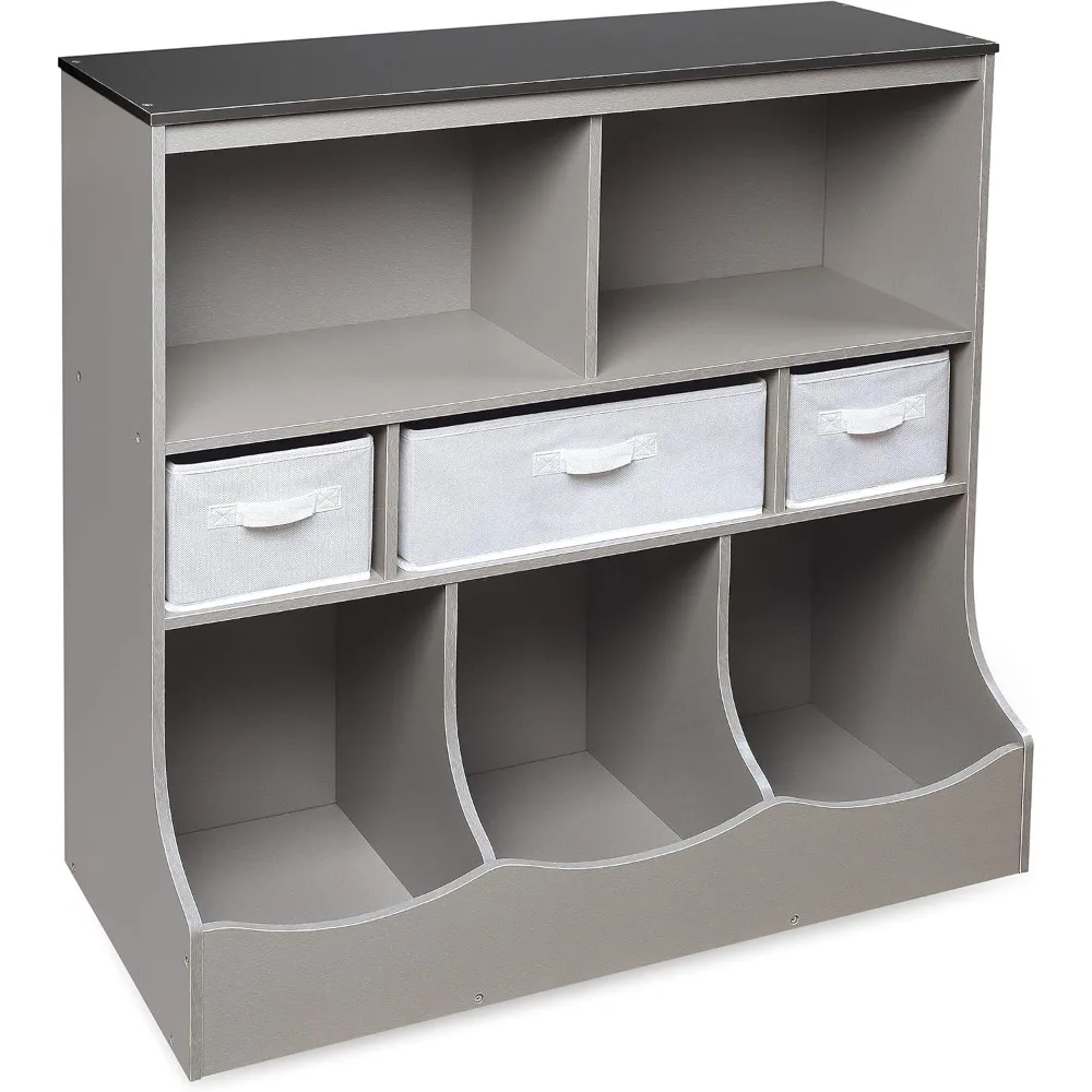 Kids Toy Storage Organizer with 3 Removable Baskets and Open Shelves - Woodgrain Gray Unit for Bedroom Playroom