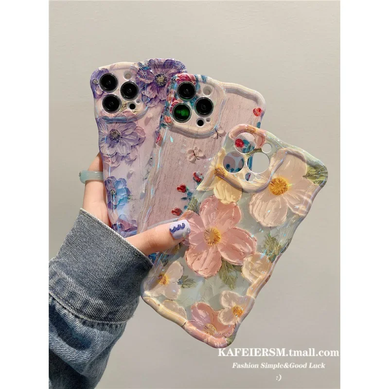 

Phone Case, Advanced Art, Oil Painting, Flower, Blue Light, Female Silicone Gum, For iPhone 13, 12Pro, 11, 16, 15, 14Pro Max