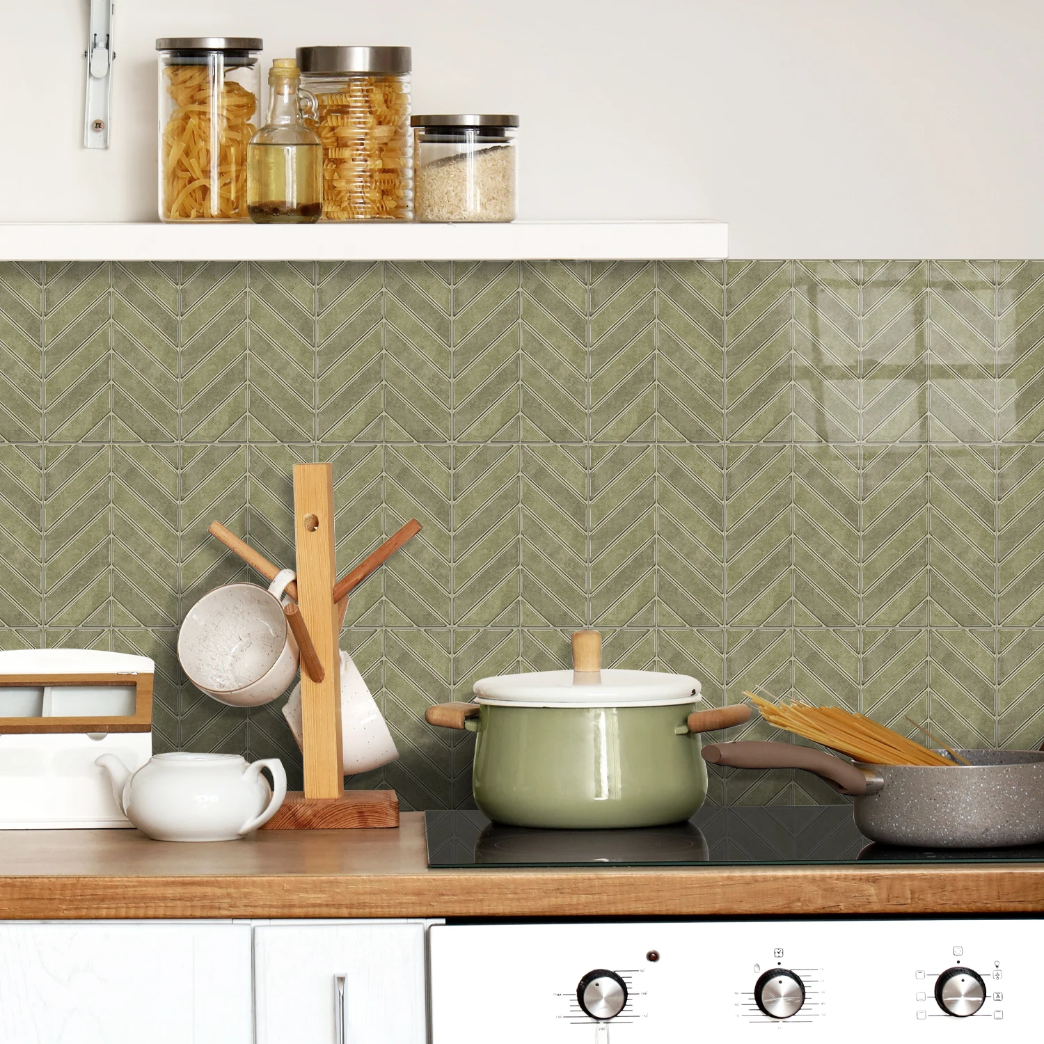 

14pcs Herringbone stone-look light olive green pattern, suitable for living room, bedroom, and dining room wall decoration,