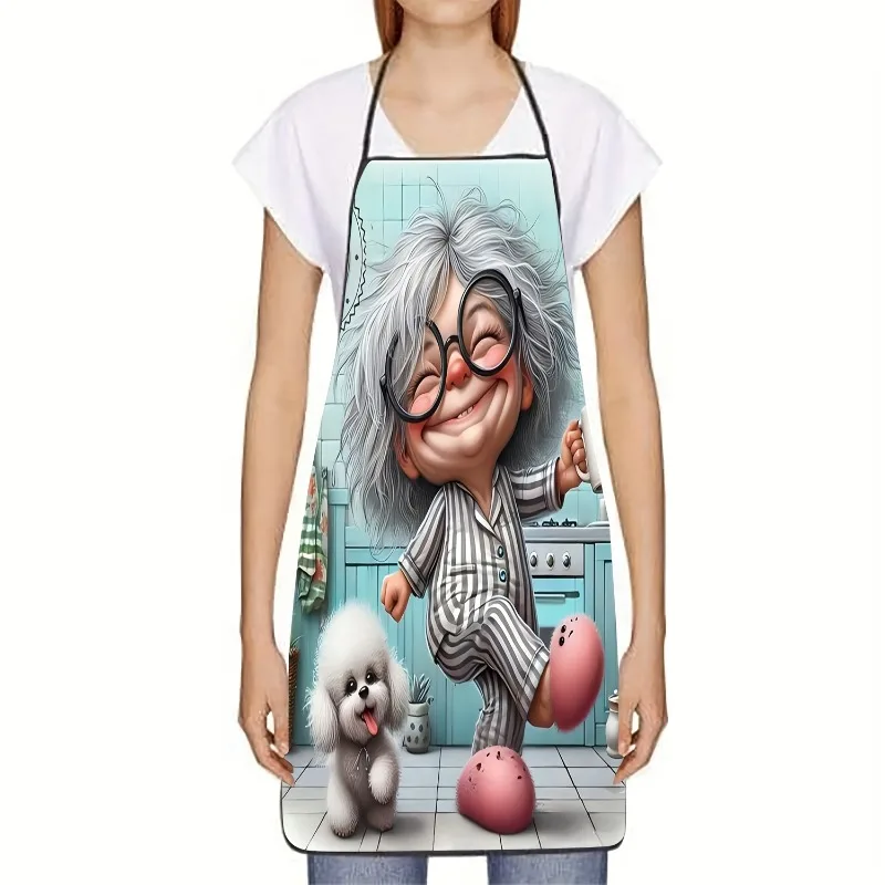 1pc 2D Graphic Design Unisex Cooking Apron Cartoon Old Lady And Pet Dog Pattern Optional Plus Size Women'S Apron Skirt Style Kit