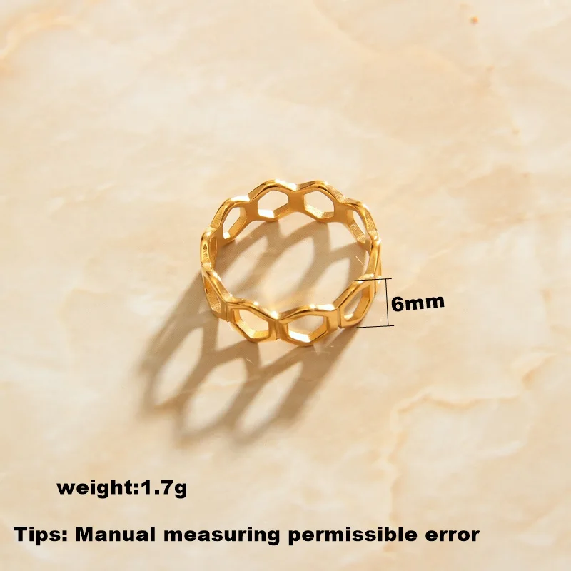 SOMMAR Birthday Gift 18KGP Gold plated color Tail stainless steel ring for women honeycomb hollow hexagon opal jewelry