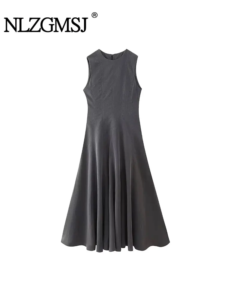 

TRAF 2024 Pleated Midi Dress Woman Ruched Long Dresses For Women Vintage Sleeveless Party Dress Women's Casual Dresses