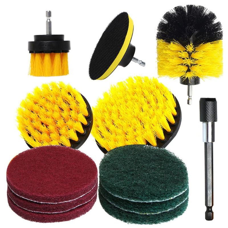 12 piece yellow drill brush set floor wall car descaling cleaning brush polishing tool