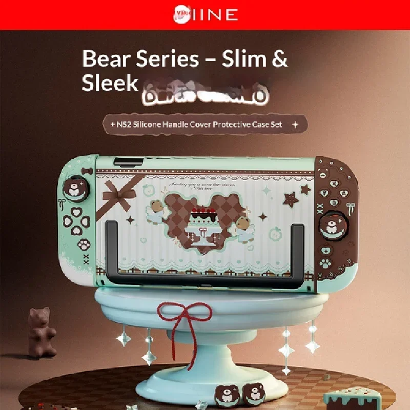 IINE Cute Bear Case L1310 for NS 2 Mint Choco Silicone Joy-Con Cover PC Back Shell Thumb Grips Set Anti-Slip Shockproof Gift