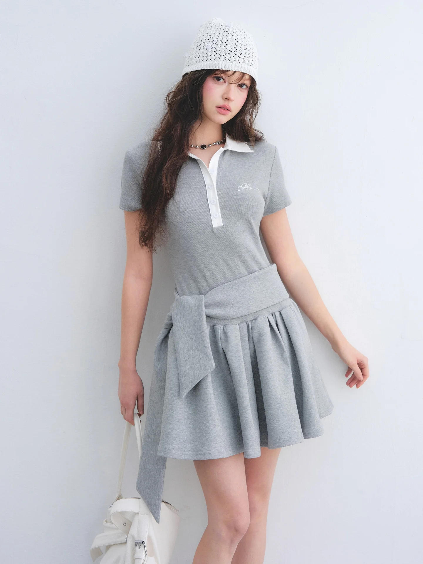 

AsGony Color Block Neck Puffy Dress Belt Two Piece Set Miu Style College Wind Short Skirt Casual Loose Fit Short Sleeve
