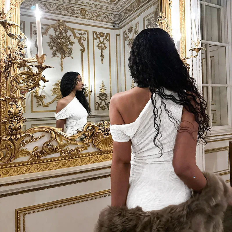 Robe de Bal Blanche Française à Col Unique, Plissée, Sexy, Oblique, artificiel astique, pour Soirée