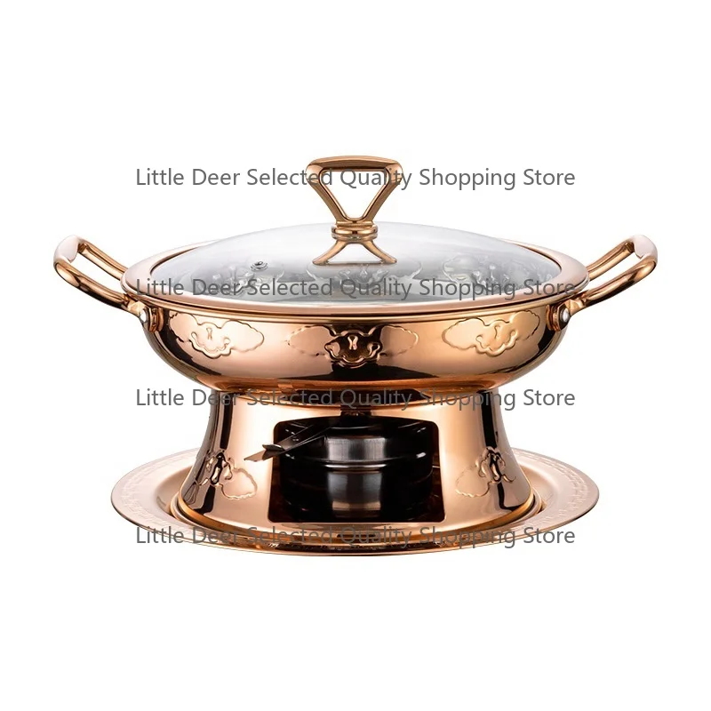 New Trend Modern Stainless Steel  Stove Hot Pot 26cm Restaurant Serving Chafing Dish Glass Lid Double Ears Handle