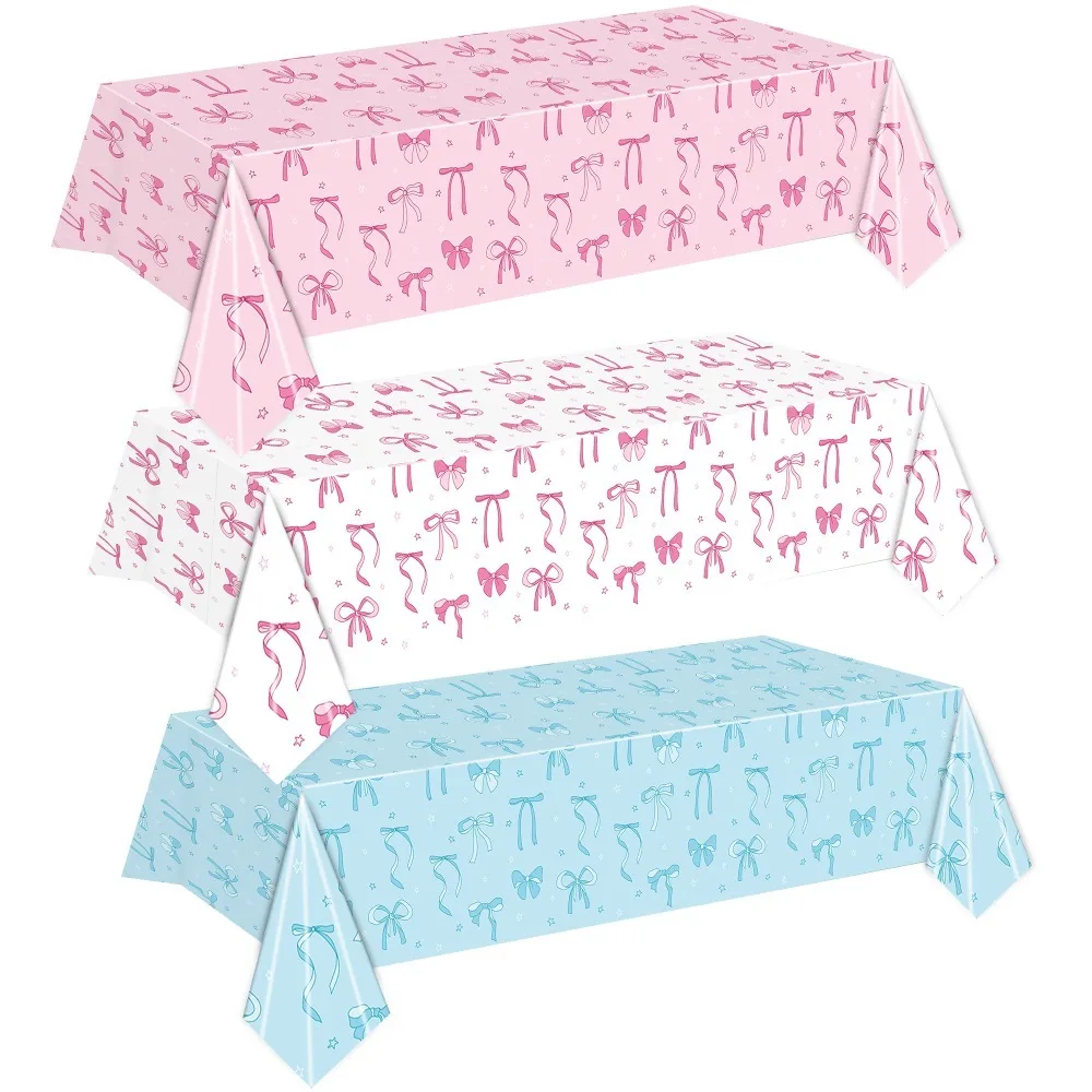 Cute Bow Birthday Theme Table Clothes Disposable Plastic Table Cover Rectangular Waterproof Tablecloth Party Decorations