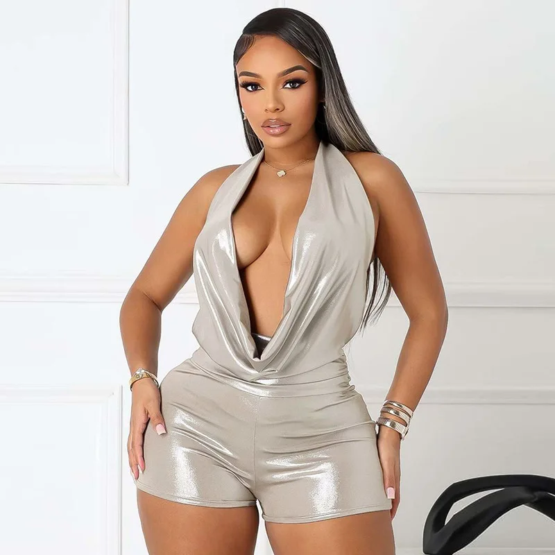 أنيق سيدة بولي Leather الجلود بلايسوت 2025 الصيف النساء الرسن الخامس الرقبة عارية الذراعين Bodycon بلون مثير نادي حفلة سليم السروال القصير