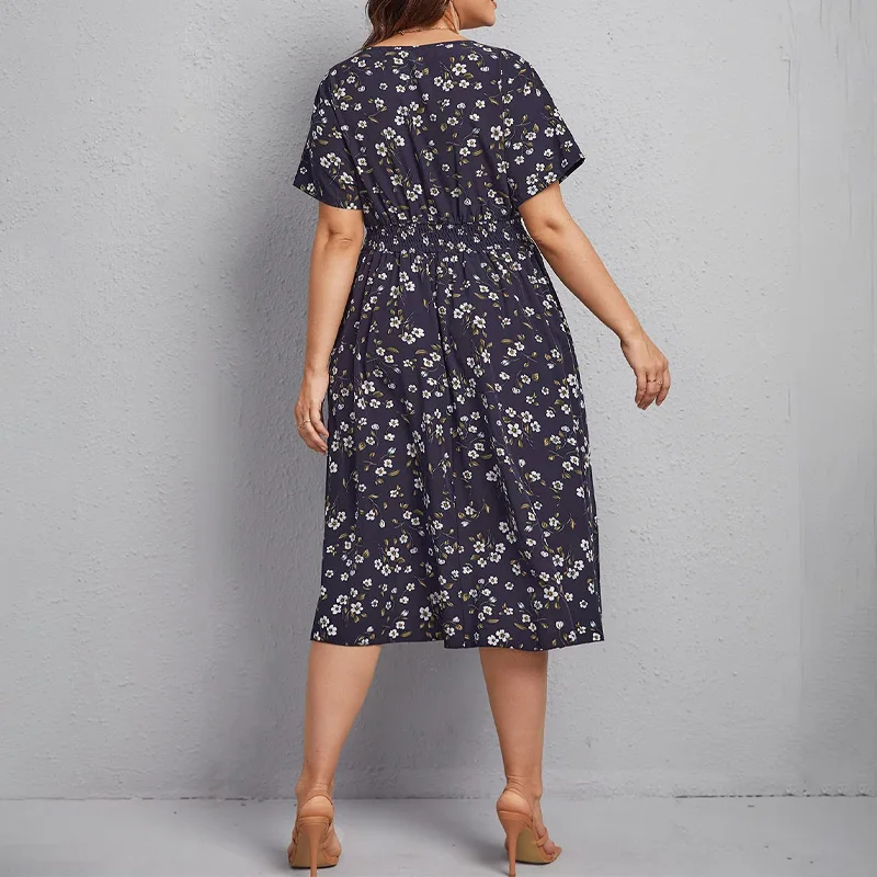 Plus Size Women's Dress, Flower Print Waist A-Line Dress, V-Neck Short Sleeves, the First Choice for Vacation and Casual Summer