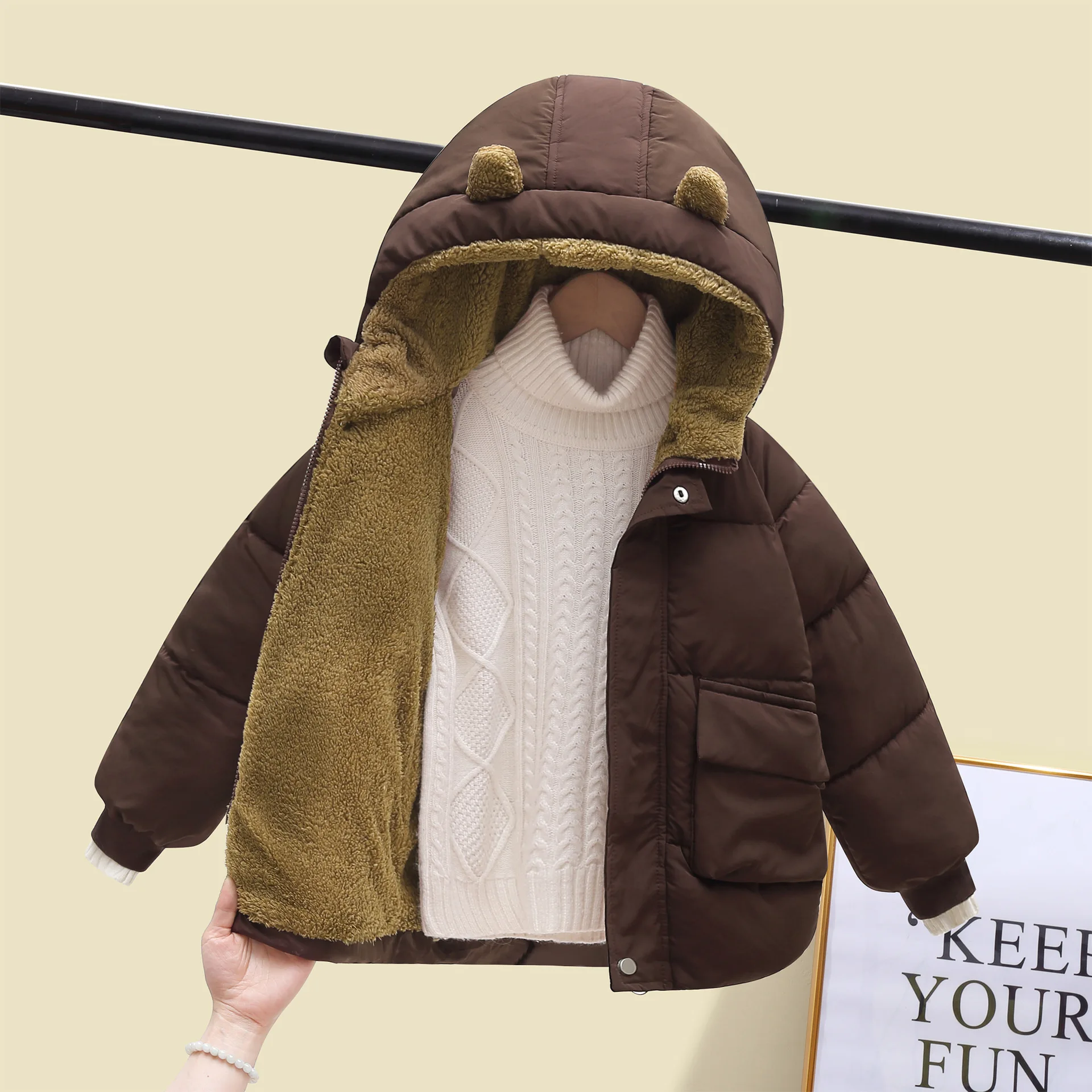 New 2025 Baby Boys Girls Hooded Zipper Solid Plush Down Jackets Children's Winter Cotton-padded Thicken Warm Coat Outerwear