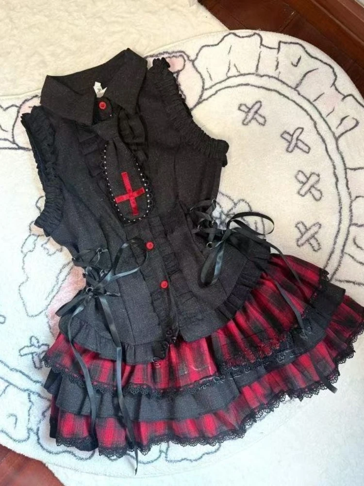 Japanese Kawaii Lace Patchwork Sets Women Summer New Bow Vest + Mini Puffy Skirt Suit Harajuku Cute Design Two Piece Set 2025