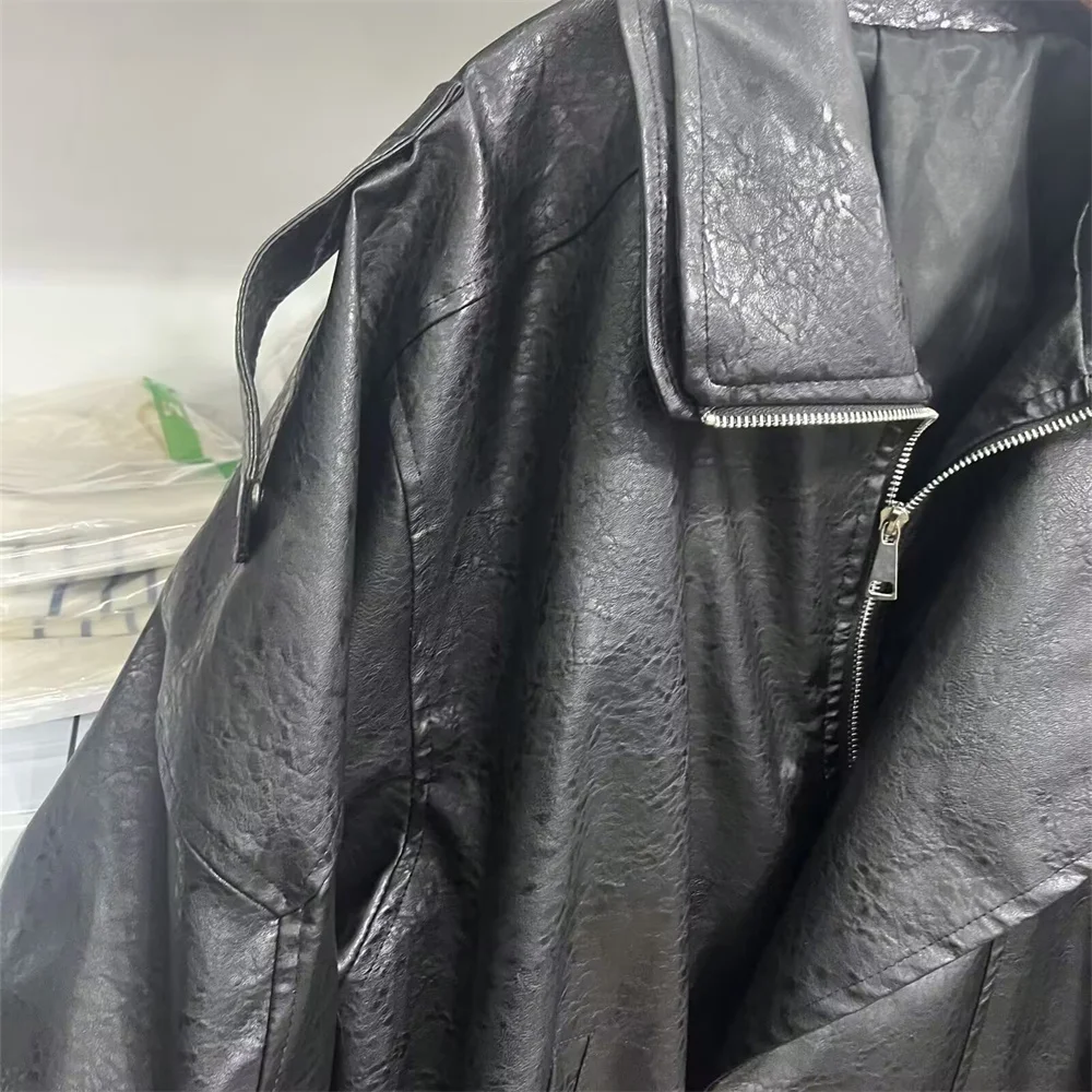 Nova moda feminina casual lapela manga comprida zíper decoração solta e versátil jaqueta de couro