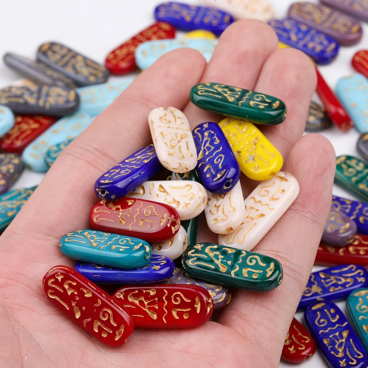 5/10pcs Random Color 10*25mm Glass Beads, Golden Etched Hieroglyph Oval Spacer Beads for DIY Handcraft Jewelry Making