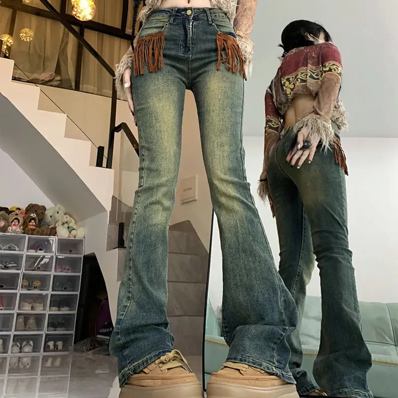 

Модные винтажные брюки с высокой талией, женская одежда, американские замшевые джинсовые брюки с кисточками, узкие джинсы Maillard