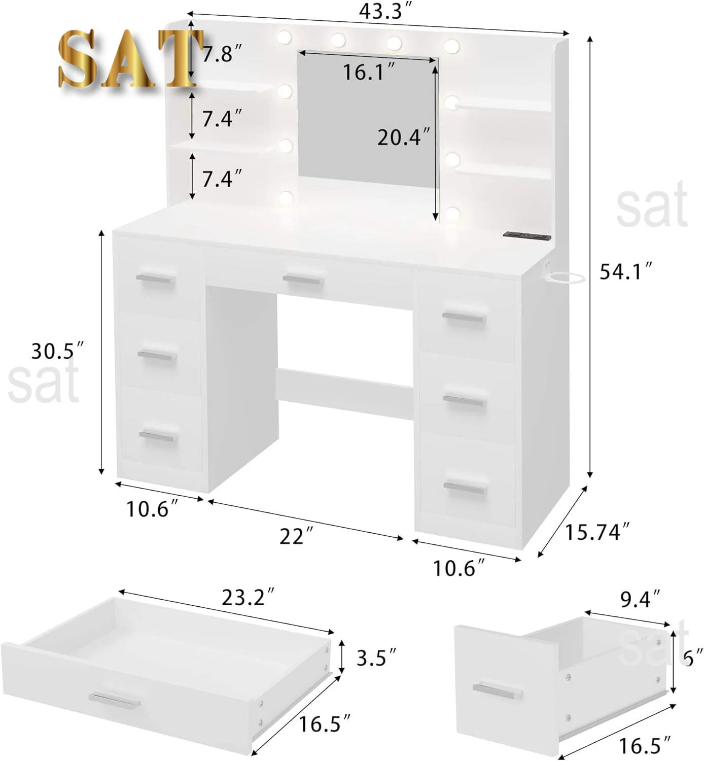 LK-Modern Bedroom Wood Makeup Vanity with LED Light Power Socket and 7 Drawers Elegant Dressing Table with Mirror#