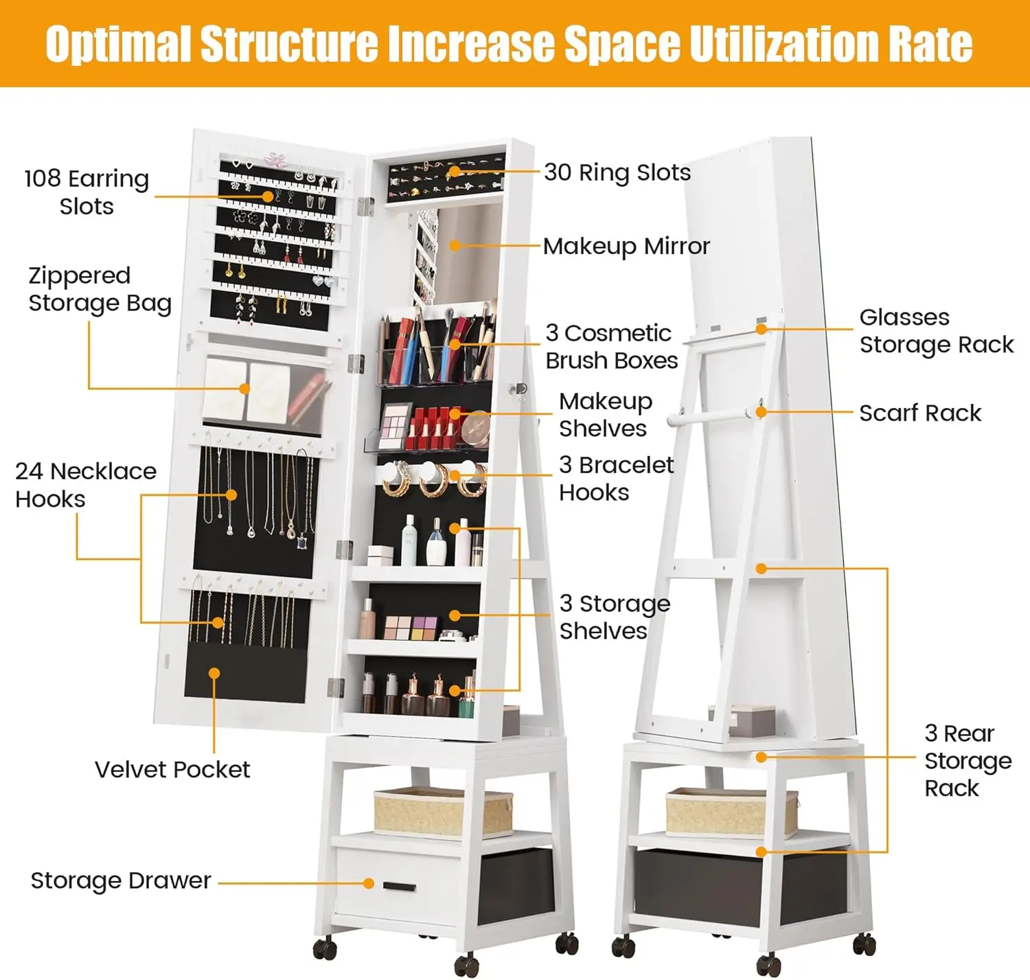 360° Swivel Jewelry Armoire, Floor Standing Locking with Full Length Mirror,Bottom Drawer, Shelf, Wheels,White Cabinet