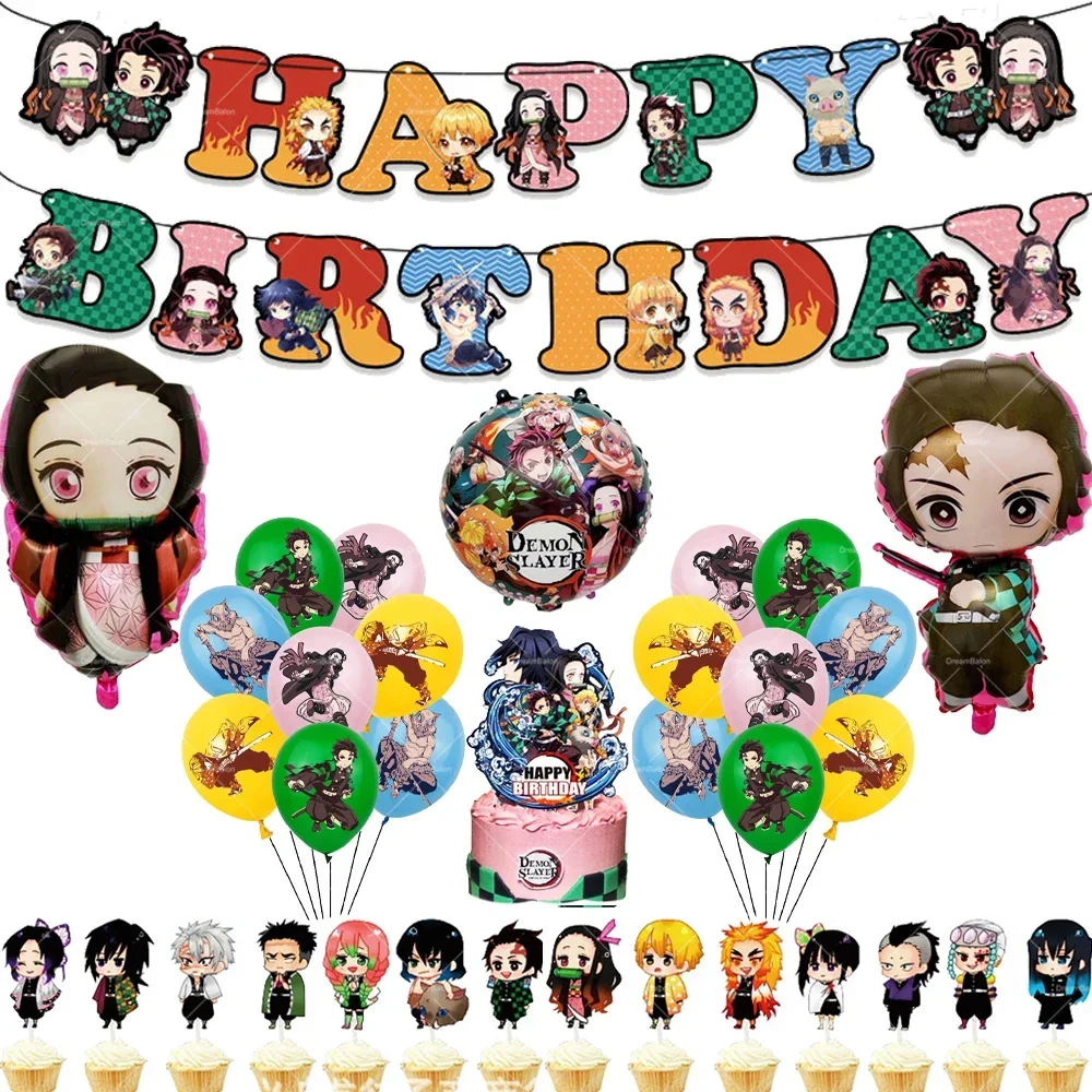 Demon Slayer Balloons Happy Birthday Banner Kimetsu No Yaiba Party Decoration Cup Disposable Tableware Anime Cake Topper Kid Toy