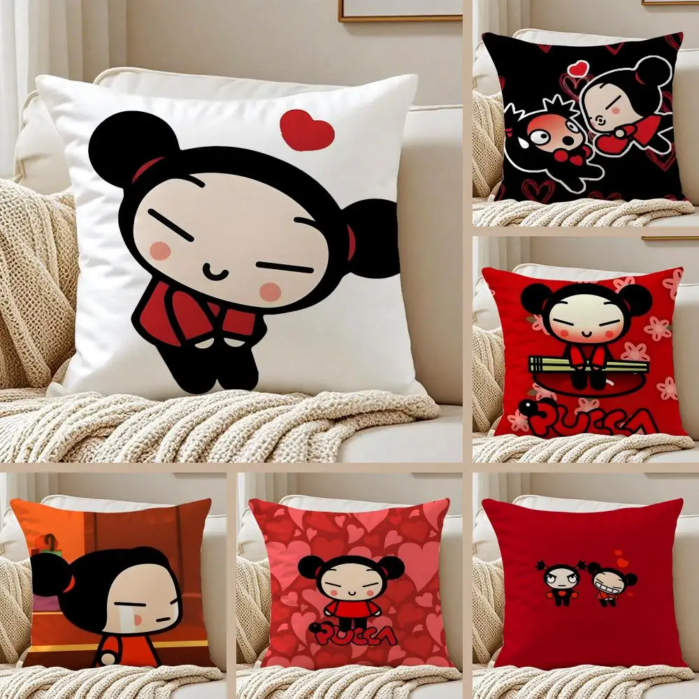 Capa de Almofada Kawaii P-Pucca Anime com Zíper Invisível Antiácaro, Pelúcia Curta para Sofá