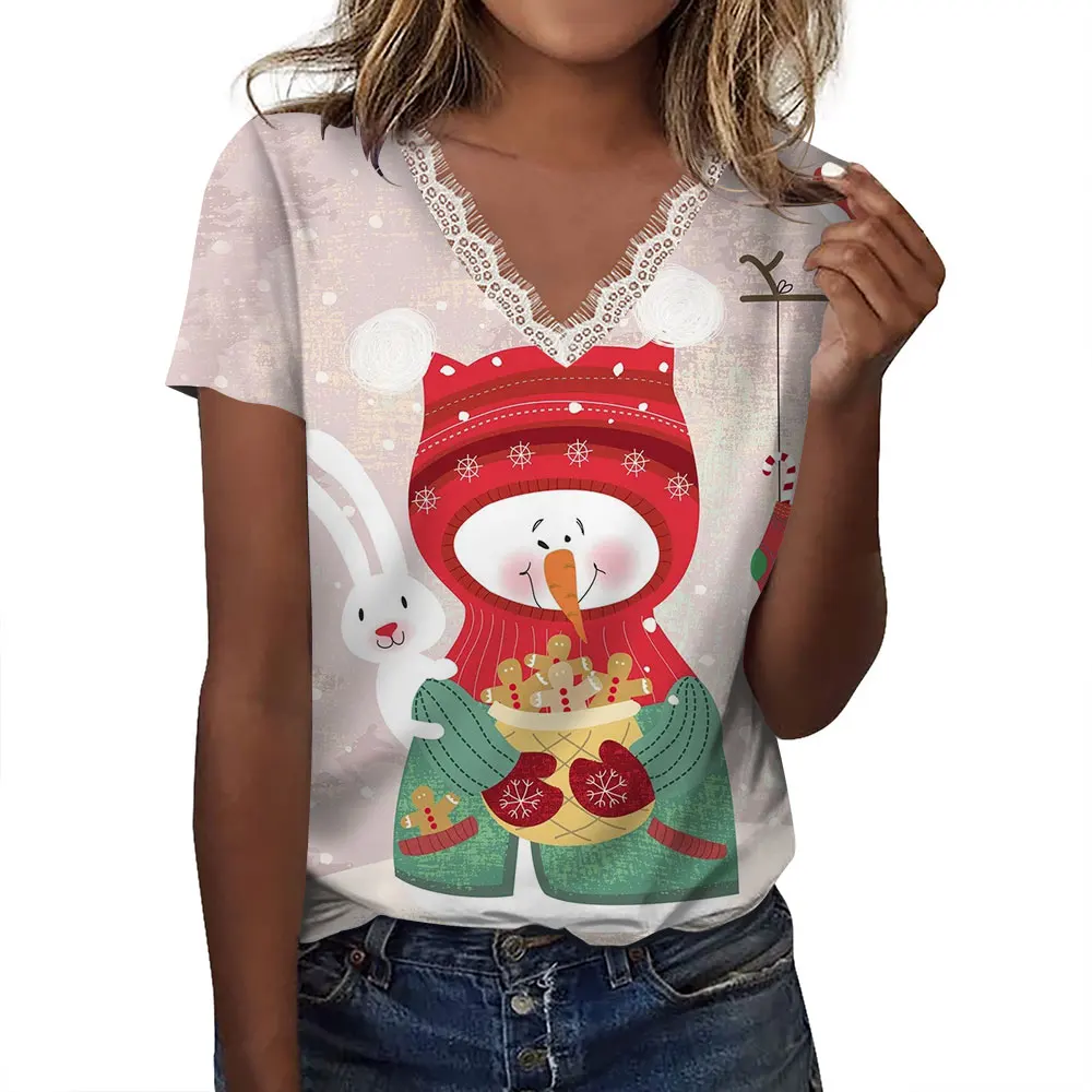 T-shirt a maniche corte da donna di natale moda modello babbo natale top con scollo a v Pullover top Tee camicetta da donna estate