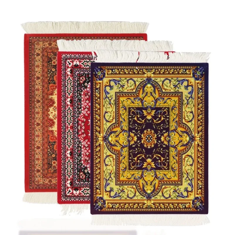 Persian Mini Woven Rug Mat Mousepad Retro Style Carpet Pattern Cup Laptop PC Mouse Pad with Fring Home Office Table Decor Craft
