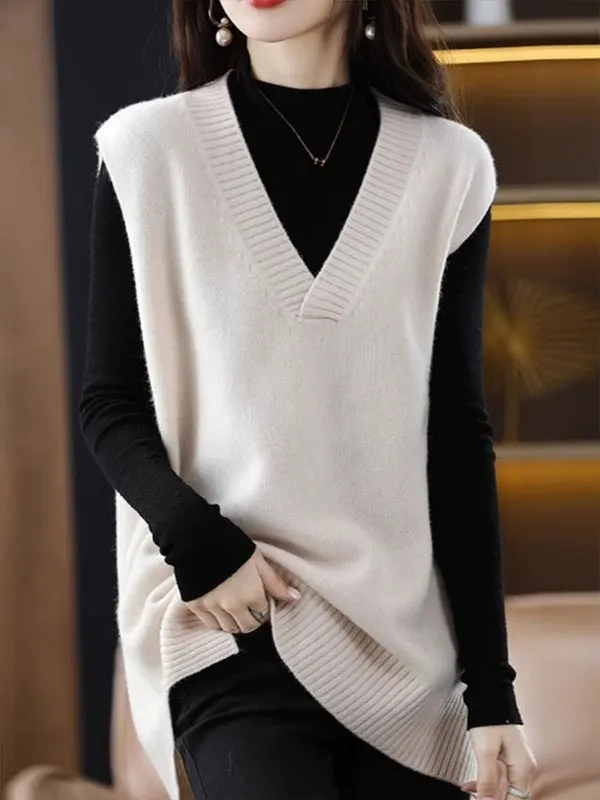 

Осень-зима, новый длинный женский жилет из чистой шерсти с v-образным вырезом, свитер Camere с открытым разрезом и плечами, топ для поездок на работу