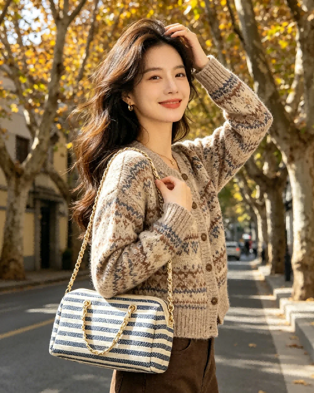 

Повседневная женская кожаная сумка в сине-белую полоску, модная сумка-бостон с цепочкой для ежедневных поездок и шопинга