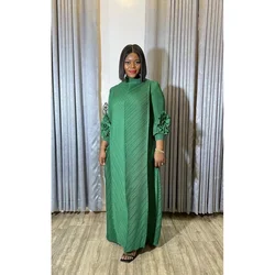 High-end Pleated Miyake Pleated Solid Color Long Sleeve Hand Embroidered Temperament Long Loose Plus Size Ladies Dress Hot Sales