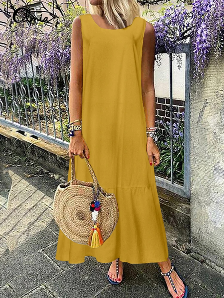 Celmia 2024 Summer Women Maxi Dress Vintage Ruffles Bohemian Long Sundress Sexy Sleeveless Party Vestido Casual Loose Solid Robe