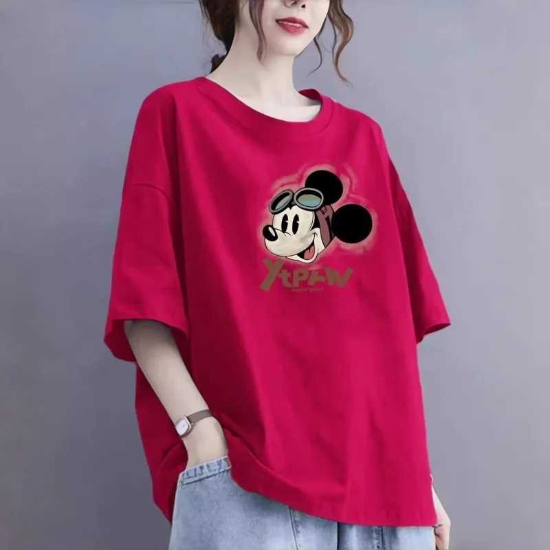 

Disney Mickey 100% Cotton Summer New Women's Short Sleeve Tees Loose Plus Size Longline European Fashion Casual Versatile Tops