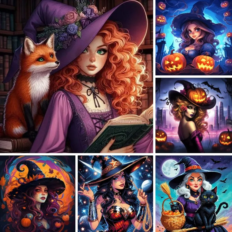 

DIY 5D DIY Diamond Painting Halloween Witch Diamond Embroidery Mosaic Cartoon Witch Girl Pumpkin Black Cat Decor Gift