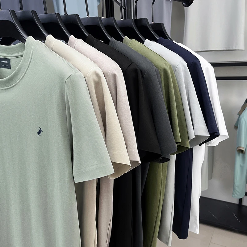 الراقية مصمم العلامة التجارية قصيرة الأكمام تي شيرت الرجال الصيف موضة جديدة بول المهر التطريز عادية الحرير الجليد القطن تنفس